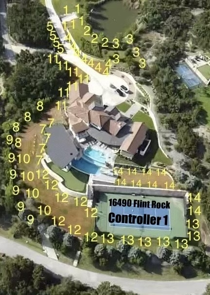 Aerial drone view showing irrigation zone mapping for front yard areas with zones 1 through 14 labeled at the Flint Rock estate property