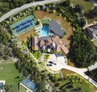 Drone photography displaying backyard irrigation zones around the pool area with numbered zones marked at the Flint Rock residential property