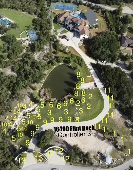 Overhead view of side and perimeter irrigation zones showing complete property coverage including pond area at Flint Rock estate